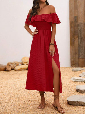 Slit Off-Shoulder Short Sleeve Midi Dress