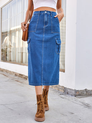 Open image in slideshow, Slit Midi Denim Skirt with Pockets
